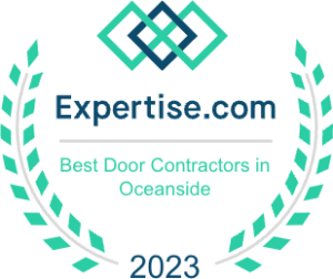 Award badge from Expertise.com for Best Door Contractors in Oceanside, 2023, with laurel wreath design.