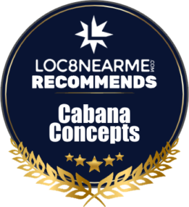 Circular badge with text: "LOC8NEARME RECOMMENDS Cabana Concepts," featuring a stylized star and decorative gold elements.