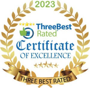 2023 Three Best Rated Certificate of Excellence with a laurel wreath and ribbon design.