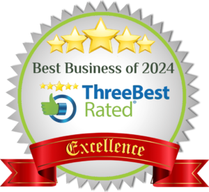 Best Business of 2024" award badge from ThreeBest Rated with five stars and a red ribbon labeled "Excellence.