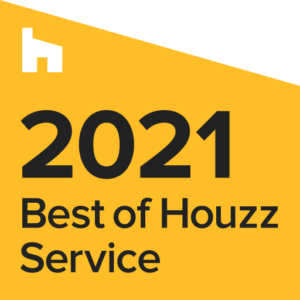 Yellow triangle with "2021 Best of Houzz Service" in bold black text and a white house icon in the corner.
